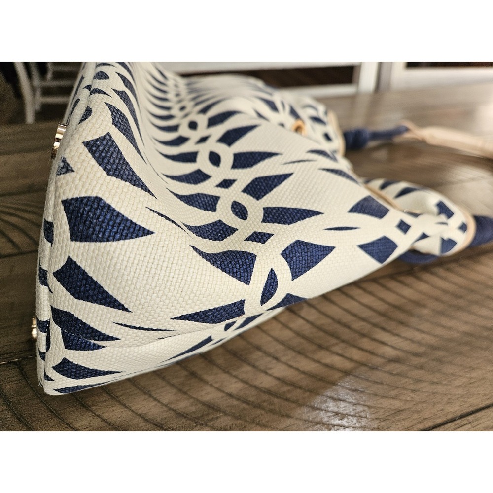 Spartina 449 Bucket Bag Blue Geo Linen Leather Drawstring Nautical Coastal Chic - Picture 9 of 16